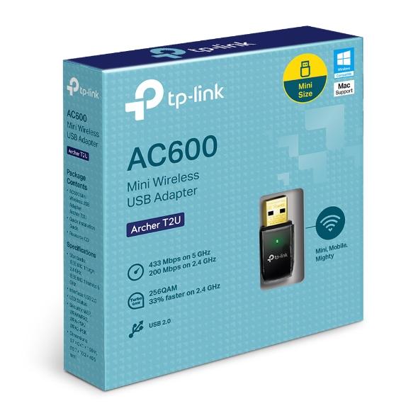 TP-Link Archer T2U AC600 Wireless Dual Band USB Adapter with omni-directional antenna, compact design, and USB 2.0 interface.
